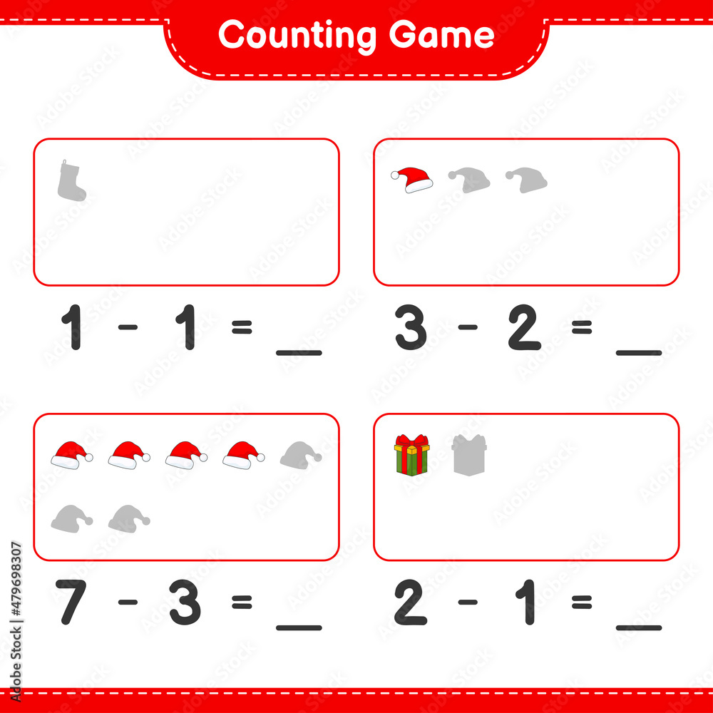 Counting game, count the number of Santa Hat, Gift Box, Christmas Sock and write the result. Educational children game, printable worksheet, vector illustration Counting game, count the number of Santa Hat, Gift Box, Christmas Sock and write the result. Educational children game, printable worksheet, vector illustration