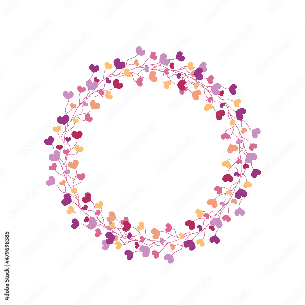 Hearts wreath. Valentines day design element isolated. Round hearts floral frame or vignette. Vector flat illustration