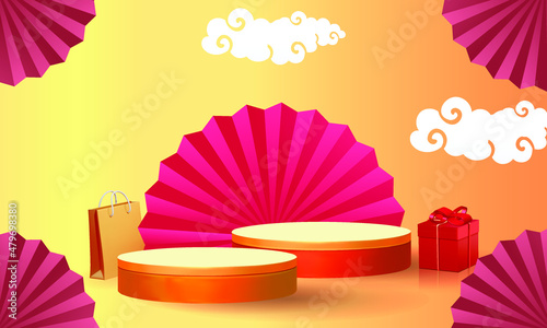 Podium round stage podium and paper art Chinese new year, happy festival chinese tradition podium for beauty branding cosmetic or any product.Concept Shopping .