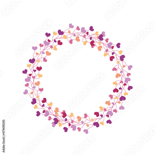 Hearts wreath. Valentines day design element isolated. Round hearts floral frame or vignette. Vector flat illustration