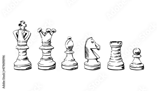 Set of chess pieces sketch. 6 hand-drawn black chess game. Vector illustration