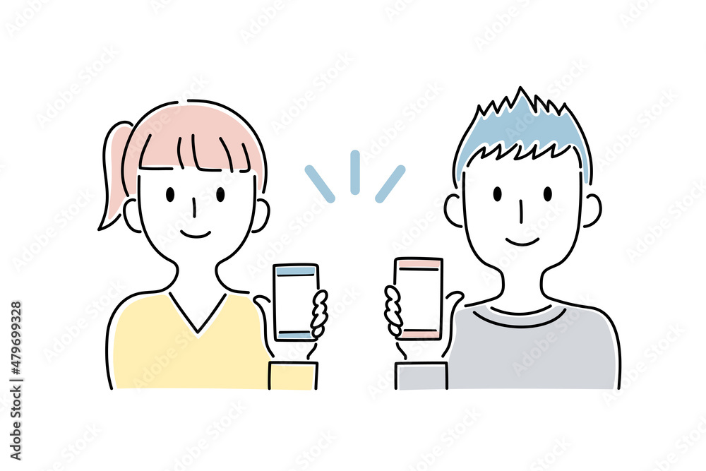 手描き風・スマートフォンの画面を見せる笑顔の少年・少女のベクターイラスト