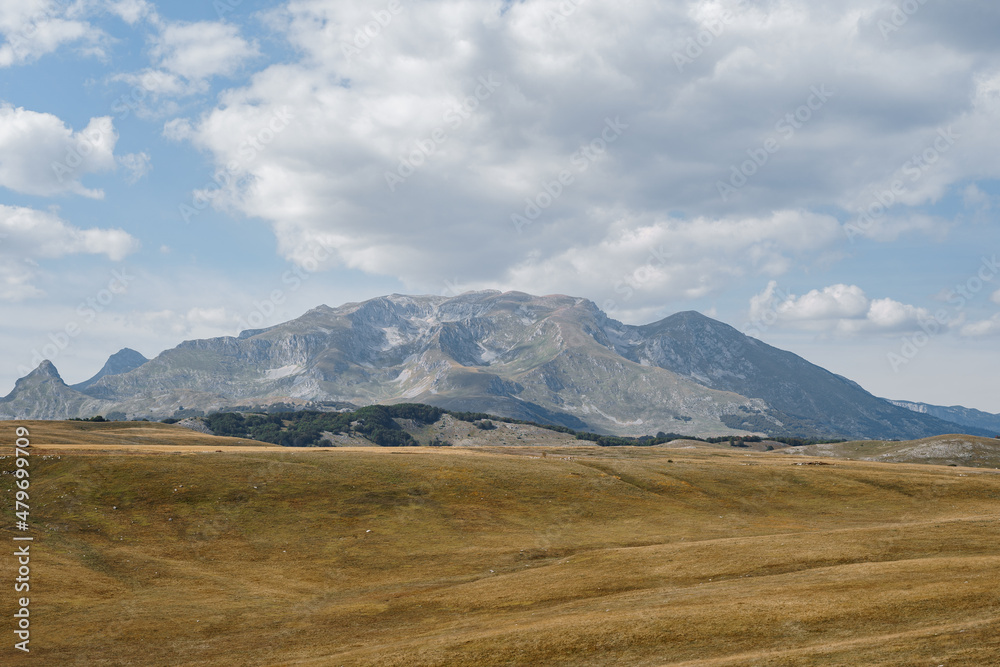 High mountain range rises above a valley in Durmitor National Park