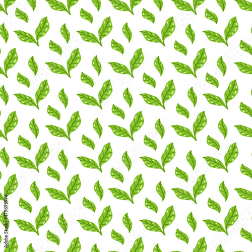 Tea leaves pattern. Seamless floral and herbal pattern. Hand drawn leaf background. Vector illustration. Vector bright print for fabric or packaging.