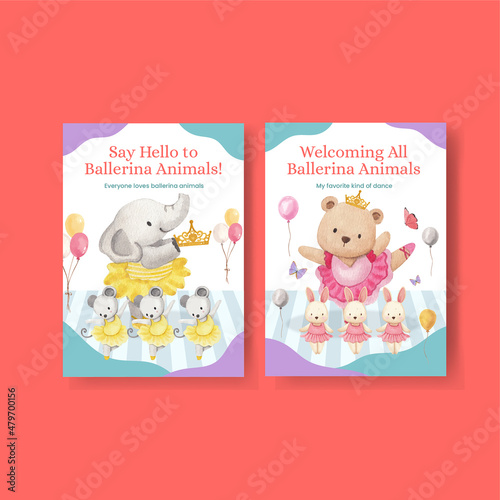 Greeting card template with Fairy ballerinas animals concept,watercolor style