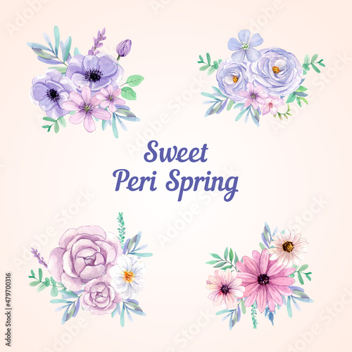 Bouquet template with peri spring flower concept,watercolor style