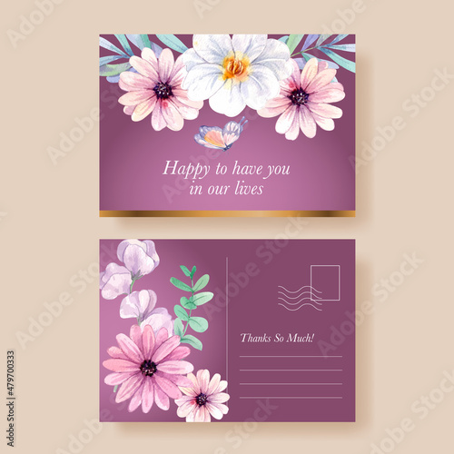 Postcard template with peri spring flower concept,watercolor style