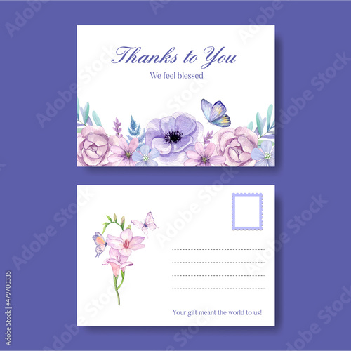 Postcard template with peri spring flower concept,watercolor style