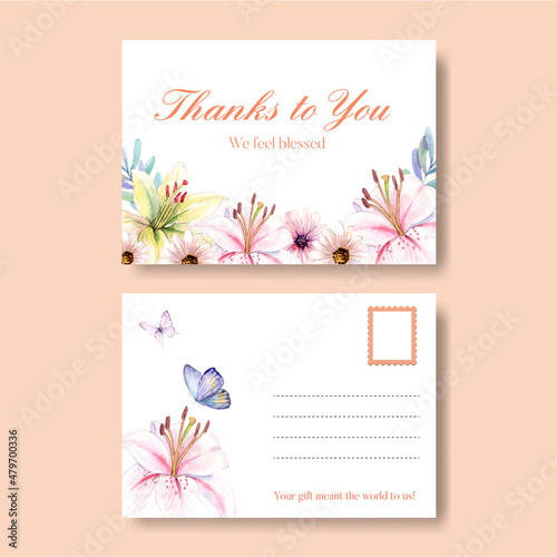 Postcard template with peri spring flower concept,watercolor style