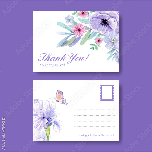 Postcard template with peri spring flower concept,watercolor style