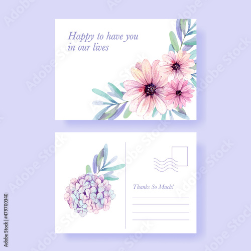 Postcard template with peri spring flower concept,watercolor style
