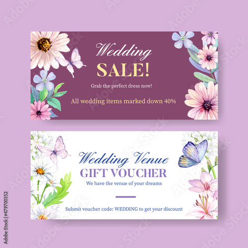 Voucher template with peri spring flower concept,watercolor style