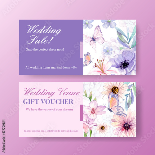 Voucher template with peri spring flower concept,watercolor style