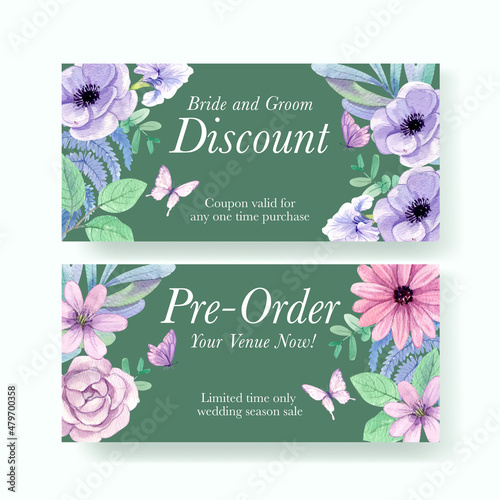 Voucher template with peri spring flower concept,watercolor style
