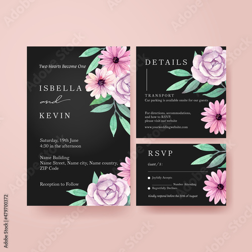 Wedding card template with peri spring flower concept,watercolor style