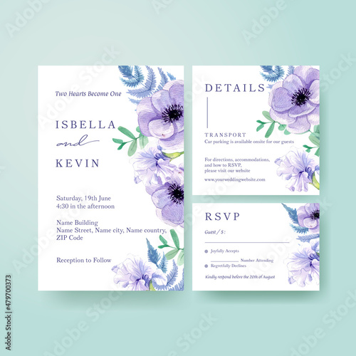 Wedding card template with peri spring flower concept,watercolor style