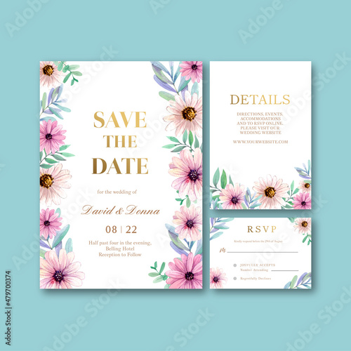 Wedding card template with peri spring flower concept,watercolor style