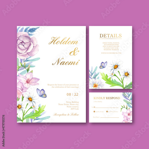 Wedding card template with peri spring flower concept,watercolor style