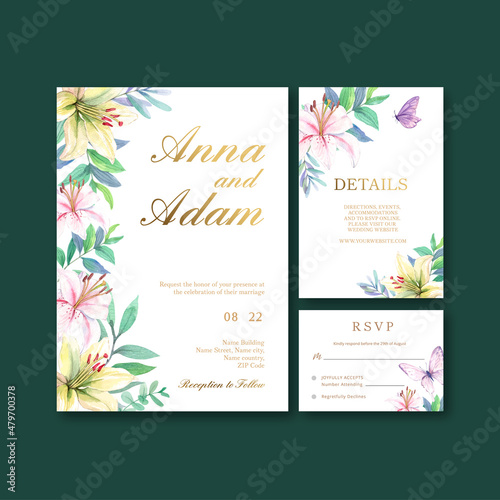 Wedding card template with peri spring flower concept watercolor style