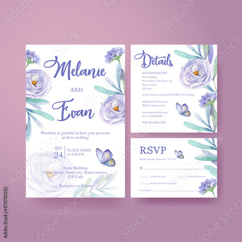 Wedding card template with peri spring flower concept,watercolor style