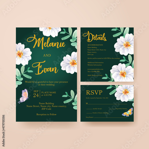 Wedding card template with peri spring flower concept,watercolor style