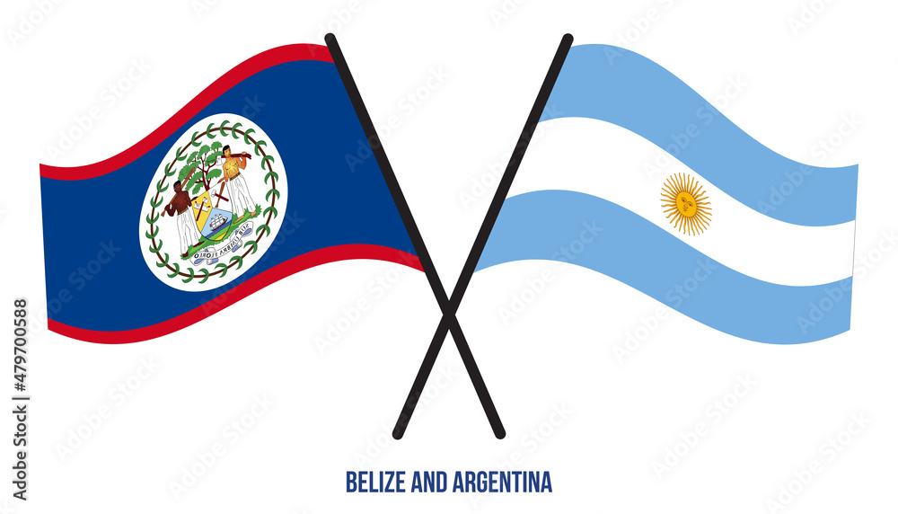 Belize and Argentina Flags Crossed And Waving Flat Style. Official Proportion. Correct Colors.