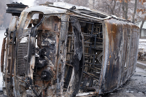 January 08  2022 Kazakhstan  Almaty. Consequences of riots in the city  destroyed equipment and infrastructure of the city. Consequences of the terrorist attack on the city of Almaty.