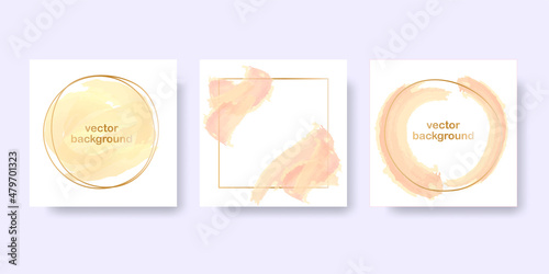 Pastel gold background for the banner. Set of round and square gold frames with beige pastel brush elements. Vector illustration