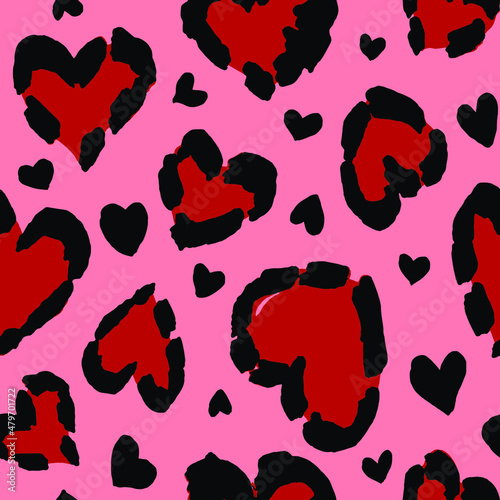 Abstract Hand Drawing Brush Strokes Heart Shape Leopard Cheetah Animal Skin Seamless Pattern Isolated Background