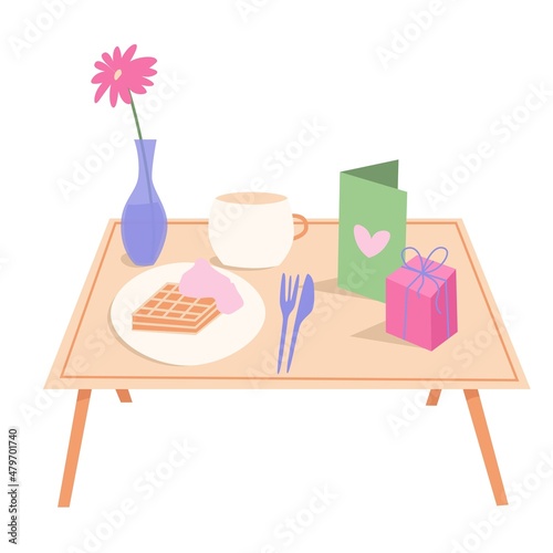 Valentine's day romantic breakfast in bed. Waffles, a bowl of coffee and a gift on a portable table. Vector illustration