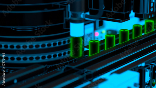 Lithium ion electric batteries, production line. Abstract image. 3D illustration. 3D rendering.