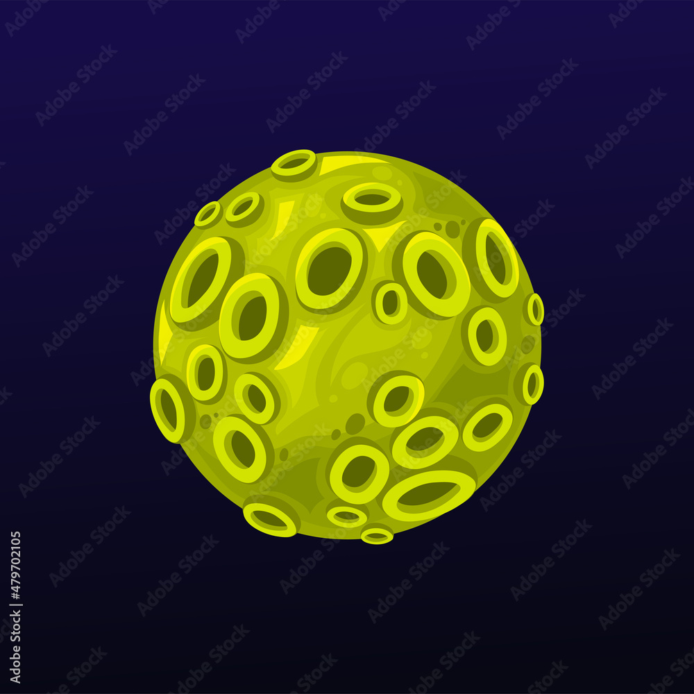 Cartoon green space planet with craters. Fantastic galaxy solar system planet, GUI vector icon with volcanoes, deep holes, chasm or abyss. Alien fantasy home world moon or satellite with craters Cartoon green space planet with craters. Fantastic galaxy solar system planet, GUI vector icon with volcanoes, deep holes, chasm or abyss. Alien fantasy home world moon or satellite with craters