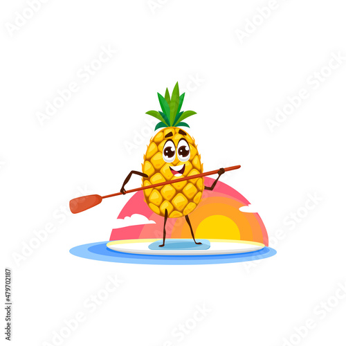 Pineapple funny cartoon character surfing on surfboard with paddle at sunset isolated. Vector smiling ananas on vacation, exotic tropical fruit on rest, kawaii emoticon. Leisure beach sport activity