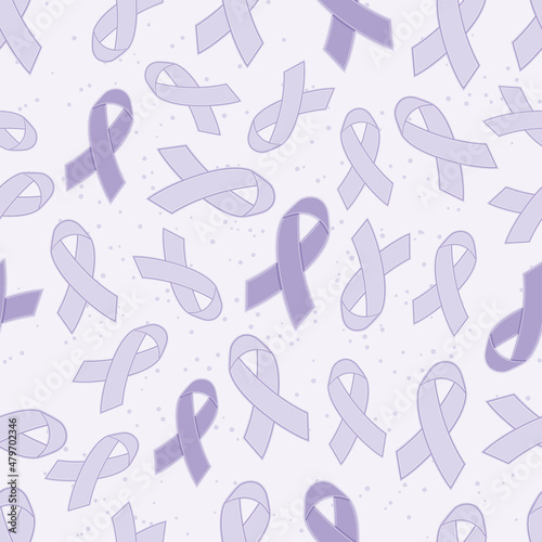 Cancer awareness purple, violet ribbons background. Seamless vector pattern.