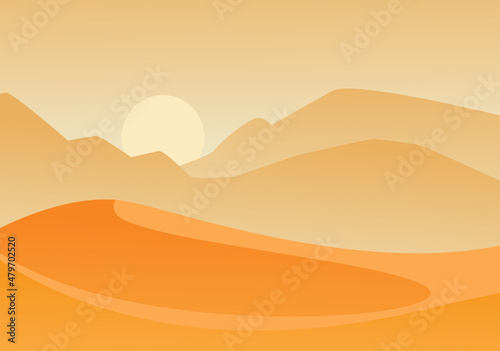 Orange desert with rising sun landscape. Hot large disc hanging on sand dunes arid plain without plants and animals disastrous dry place africa wilderness. Vector cartoon environment.