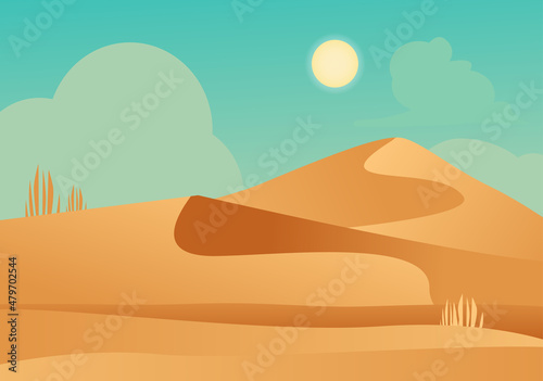 Yellow desert panorama landscape. Sahara hot sandy hills and blue skies with running clouds natural land of beautiful arid desert wilderness sandstone. Vector cartoon environment.