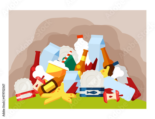 Dump of unsorted garbage illustration. Environmental pollution with non-degradable plastic glass and food waste unauthorized landfills that lead to environmental problems. Vector cartoon dumpster.