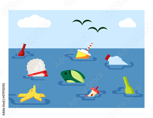 World ocean pollution illustration.Planetary ecological problem ingress of plastic metal food waste into water resources which leads to death of fish and other organisms. Vector cartoon trash