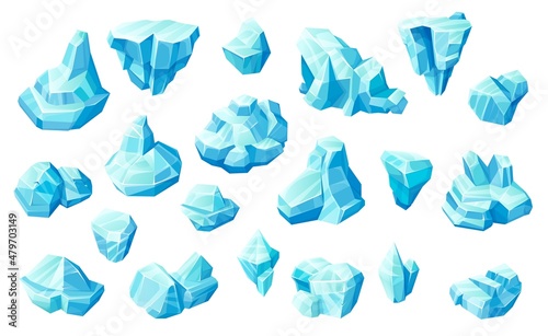 Ice cubes and crystals, blue frozen blocks game asset. Cartoon icicles, iceberg, magic stones, vector iced floes, salt mineral or cave stalagmites. Cap snowdrifts, winter ice or glass set