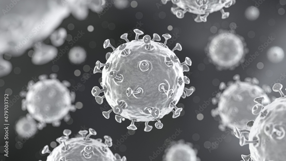 COVID-19 Corona virus with spike glycoprotein are floating on the air with dust particle bokeh . Dark black and white color background . 3D rendering . COVID-19 Corona virus with spike glycoprotein are floating on the air with dust particle bokeh . Dark black and white color background . 3D rendering .