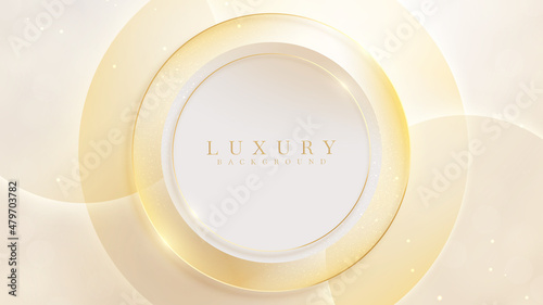 Elegant cream shade background with golden circle line elements. Glitter light effects and bokeh. 3d modern concept. vector illustration for design.