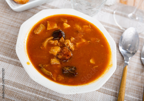Dish of Spanish cuisine, Madrid style stewed tripe Callos la Madrilena served in bowl