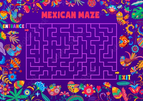 Labyrinth maze game. Cartoon mexican flowers and birds vector game worksheet. Kids square labyrinth, pathfinding puzzle and riddle. Find way game worksheet with cartoon national mexican ornament