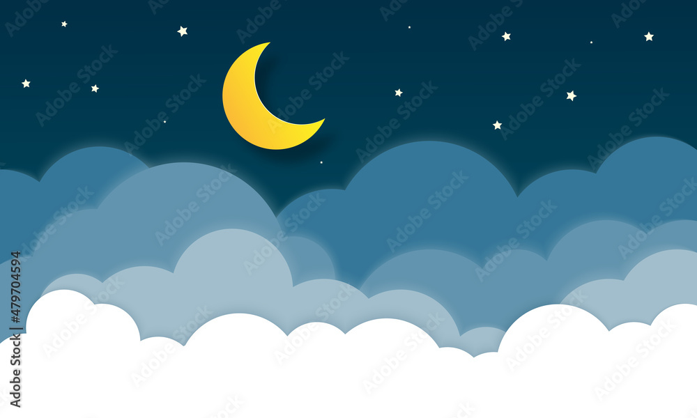 Fototapeta premium night sky with stars and moon. paper art style. Dreamy background with moon stars and clouds, abstract fantasy background. Half moon, stars and clouds on the dark night sky background.