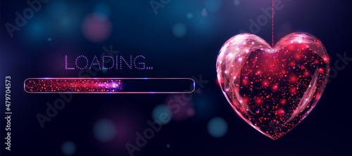 Wireframe red heart and loading bar, low poly style. Happy Valentine's day banner. Abstract modern 3d vector illustration on blue background
