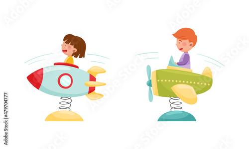 Happy kids having fun in amusement park set. Cute boys riding spring rocket cartoon vector illustration