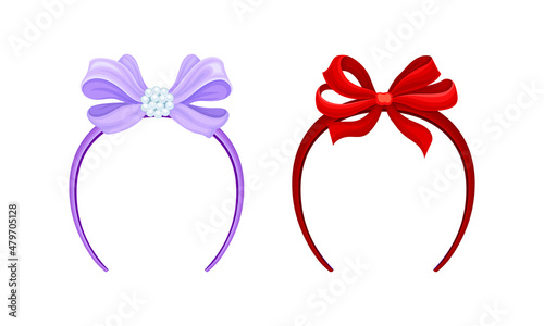 Hair accessories for girlish hairstyle set. Purple and red headbands with bow cartoon vector illustration
