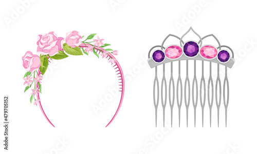 Hair accessories for girlish hairstyle set. Pink headband wih flowers and hair comb cartoon vector illustration