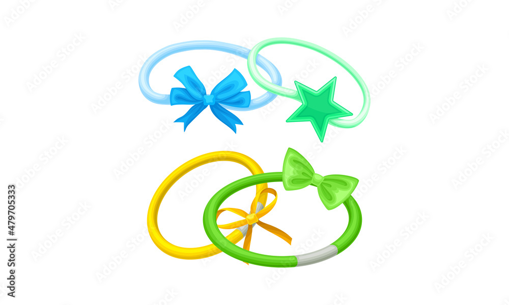 Hair accessories for girlish hairstyle set. Elastic hair bands with bows cartoon vector illustration Hair accessories for girlish hairstyle set. Elastic hair bands with bows cartoon vector illustration