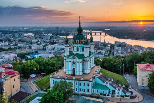 Aerial view of St. Andrew's Church during dawn, one of the most famous sights of the city of Kiev. Cityscape concept, tourism, vacation, travel